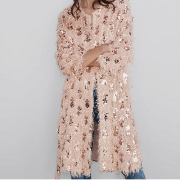 ZARZ FRINGE SEQUIN ROBE KIMONO LONG JACKET COAT - Picture 5 of 8